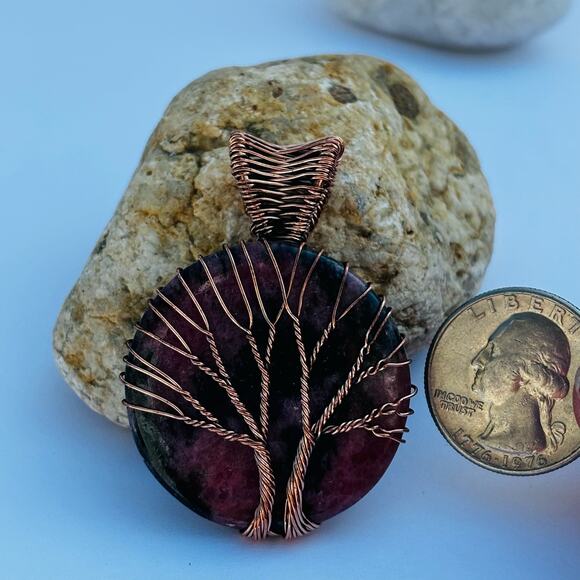 Rhodonite Tree of Life Wire Wrapped Copper Pendant - Picture 3 of 6